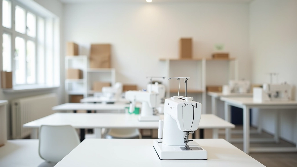 Interior of a bright sewing workshop with multiple sewing machines at tables, windows providing natural light, fabric storage shelves along the walls