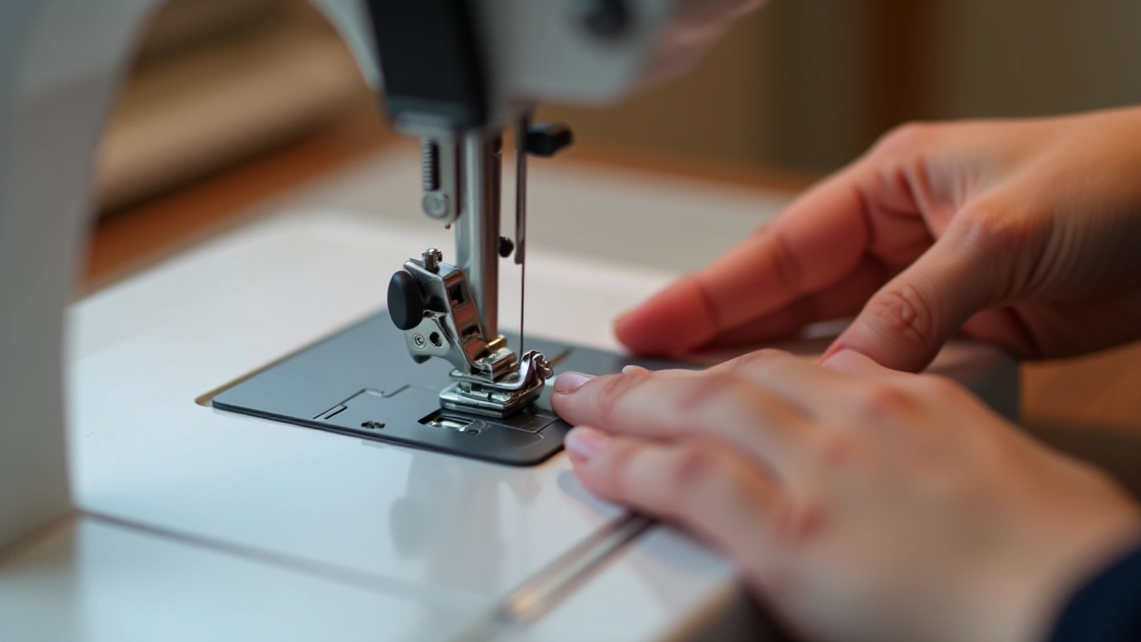 Hands inserting and positioning bobbin into bobbin case, showing correct alignment and tension spring