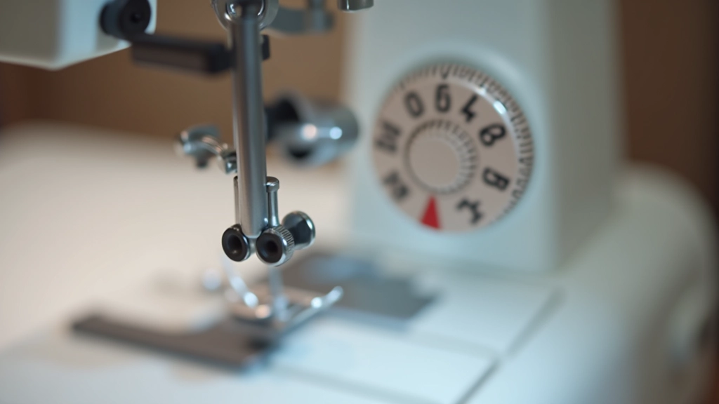 Sewing machine tension dial and dial markings, showing numbers and adjustment wheel close-up