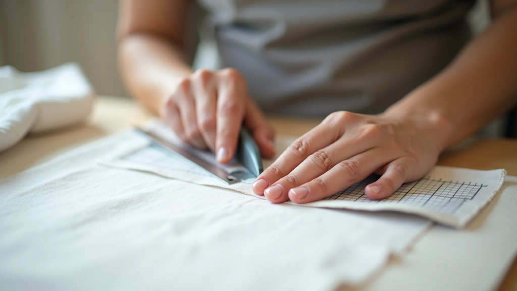 Close-up of precisely cut linen fabric with sharp straight edges on a cutting mat with ruler