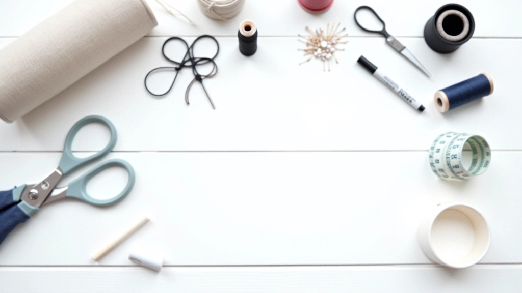 Organized sewing supplies laid out on white workspace: scissors, measuring tape, thread spools, pins, and fabric marker