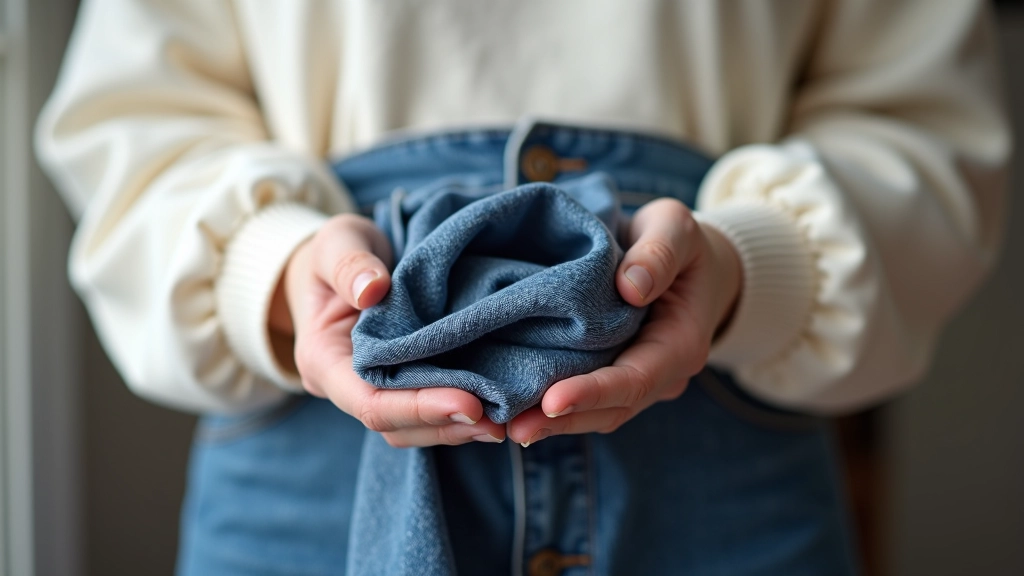 Close-up of hands holding old worn denim fabric with frayed edges and faded blue color