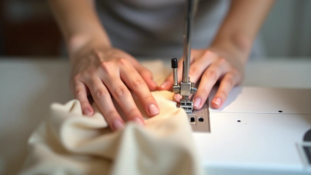 Hands guiding fabric through a sewing machine, demonstrating proper technique