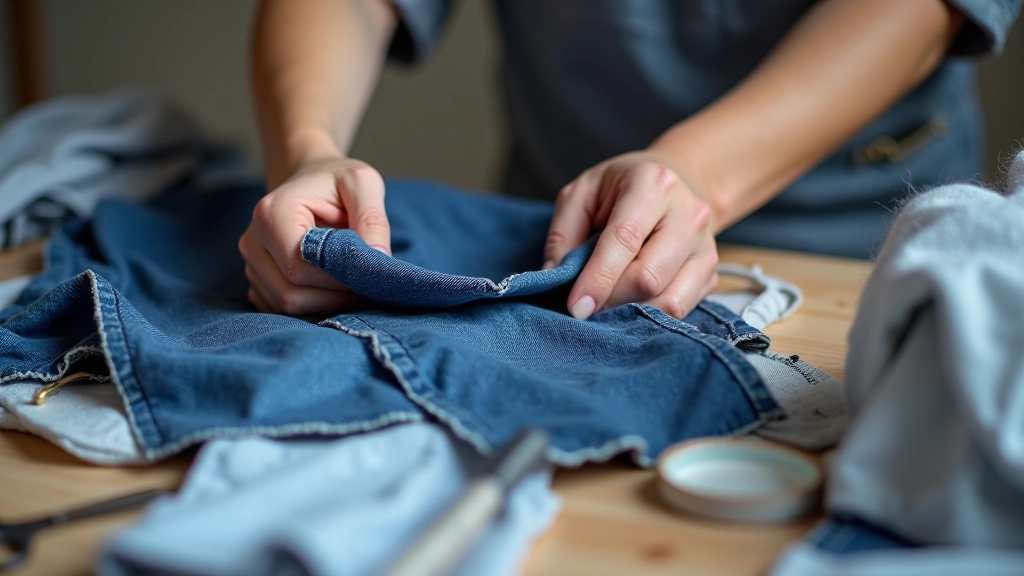 Hands holding up repurposed denim fabric being cut for upcycling project