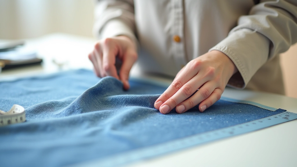 Pair of jeans being cut and measured with scissors and measuring tape on a cutting mat