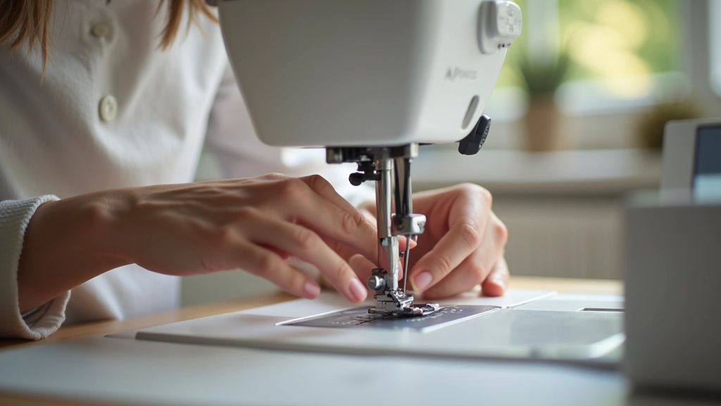 Beginner sewing student threading a needle at sewing machine
