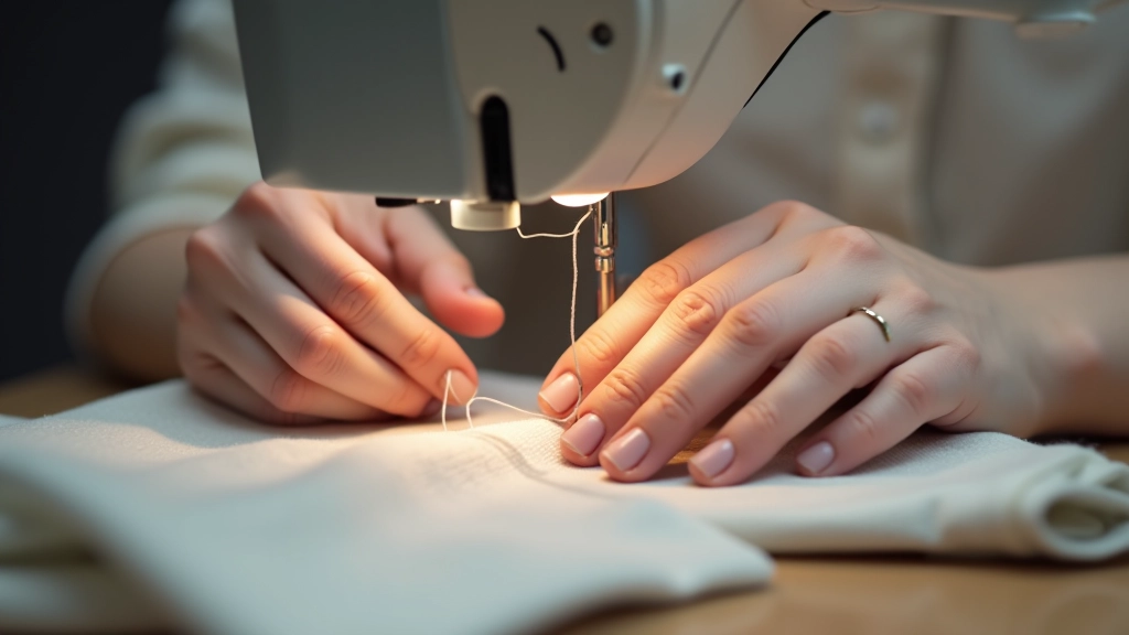 Person's hands threading top thread through tension discs and guides of sewing machine, step-by-step process visible