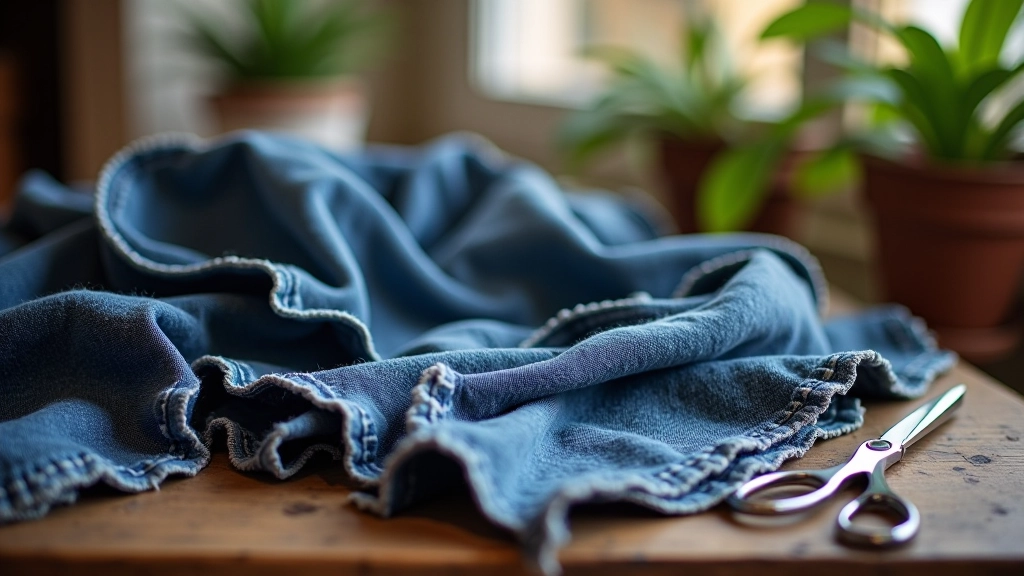 Old denim jeans and fabric scraps arranged on a work surface