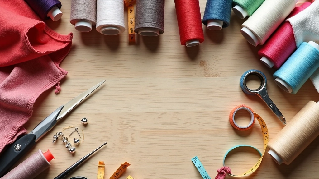 Neatly arranged sewing supplies on a wooden table including thread spools in various colors, scissors, measuring tape, pins, and fabric swatches