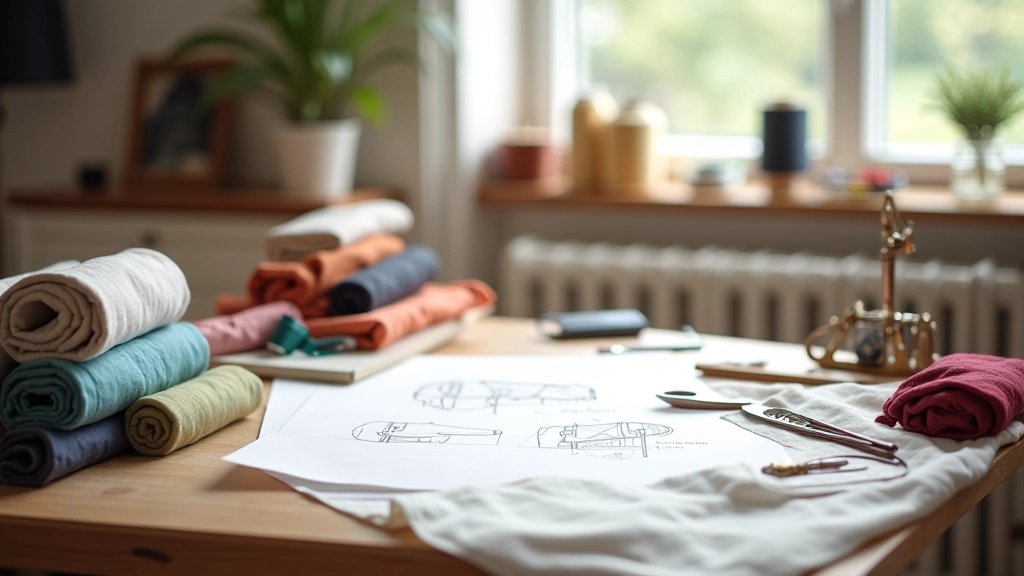 Well-organized sewing studio workspace with materials and tools