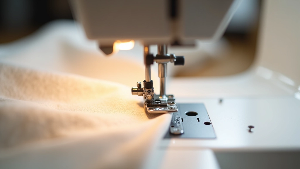 Sewing machine needle and presser foot working on natural linen fabric with visible stitching