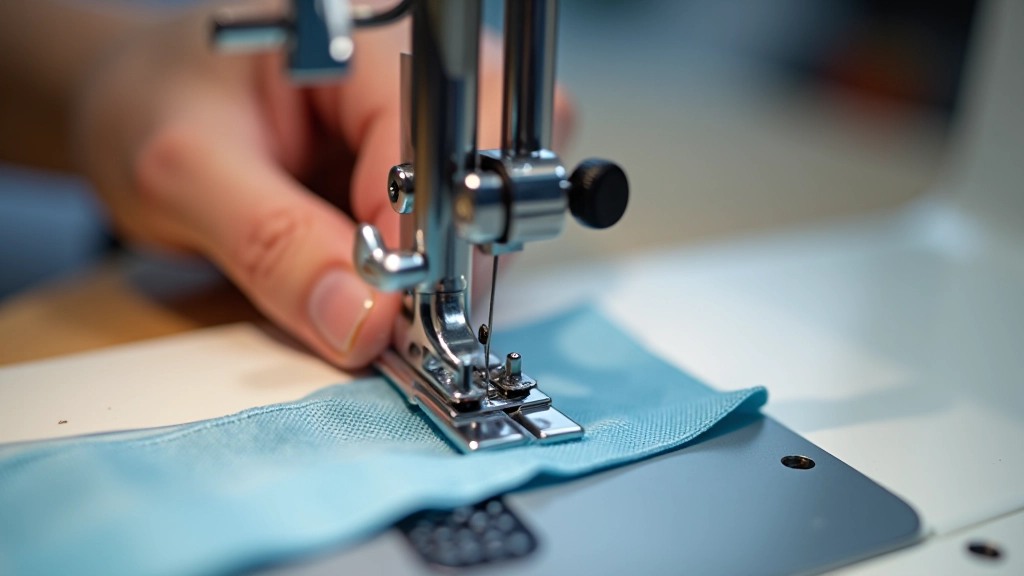 Close-up of sewing machine needle and thread path, showing proper threading setup with different colored threads