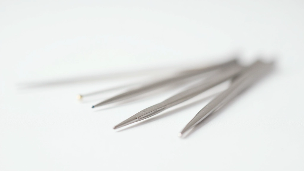 Various sewing machine needles arranged showing different sizes and types for different fabrics