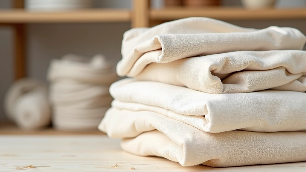 Folded natural Latvian linen fabrics in neutral tones stacked on shelf
