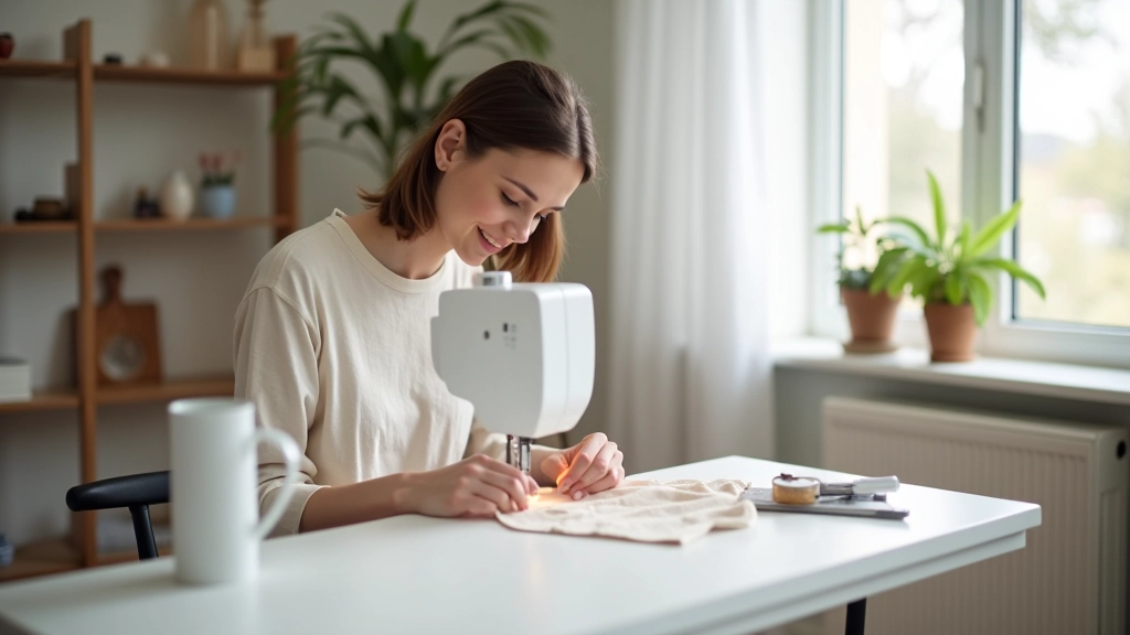 Creative person working on sewing machine with fabric